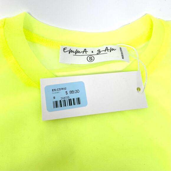 Emma & Sam Neon Yellow Short Sleeve Sheer Mesh Crop Top Women's Small MSRP $88 - Picture 7 of 8